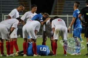 Lo sconforto di Davide Moro, dopo l'infortunio occorso a Coralli